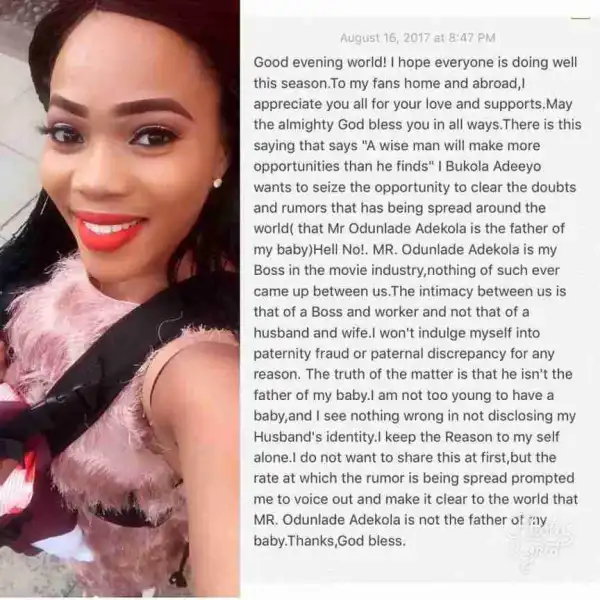Actress Bukola Adeeyo Reacts To Rumor That Odunlade Adekola Is The Father Of Her Baby
